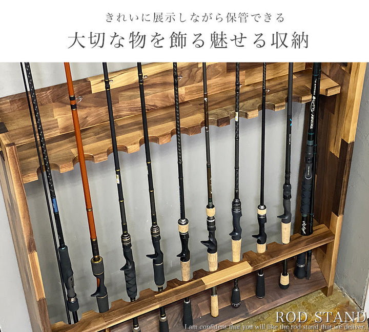ロッドスタンド 7本小物置き両側10段国産ヒノキ製完成品（組立不要） ロッドスタンド 7本 リールスタンド 4段 炙り加工 小物置き