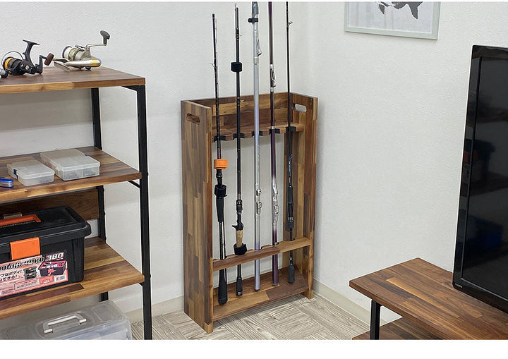 ロッドスタンド 11本 国産ヒノキ製 小物置き5枚棚 完成品（組み立て不要）